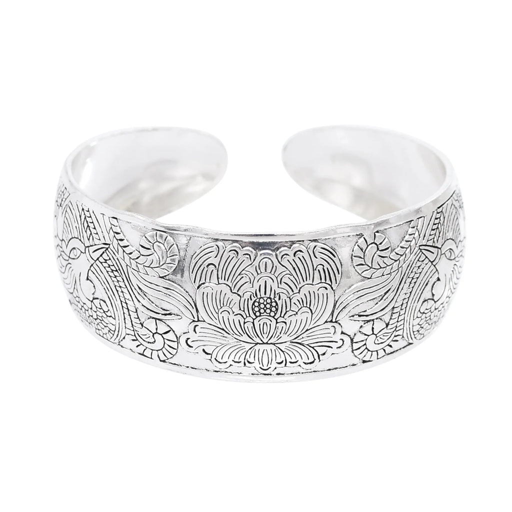 Classic Vintage Silvery Tibet Cuff Bracelet For Women Boho Ethnic Metal Carved Flower Bangles Gypsy Tribal Afghan India Jewelry
