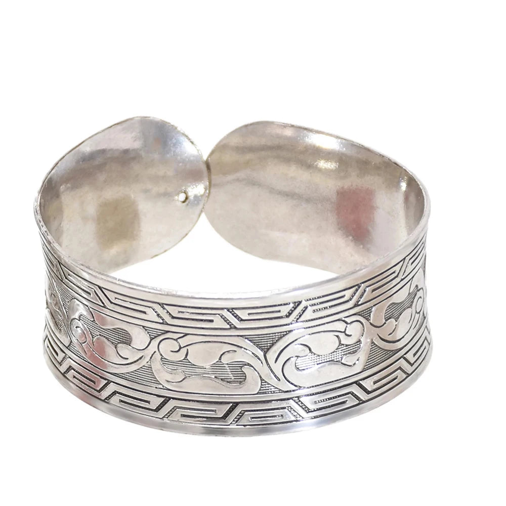 Classic Vintage Silvery Tibet Cuff Bracelet For Women Boho Ethnic Metal Carved Flower Bangles Gypsy Tribal Afghan India Jewelry