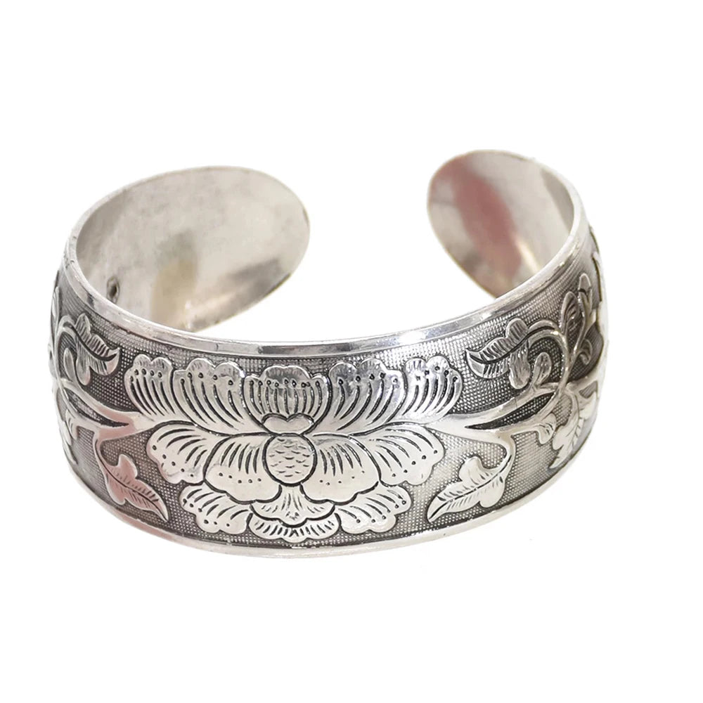 Classic Vintage Silvery Tibet Cuff Bracelet For Women Boho Ethnic Metal Carved Flower Bangles Gypsy Tribal Afghan India Jewelry