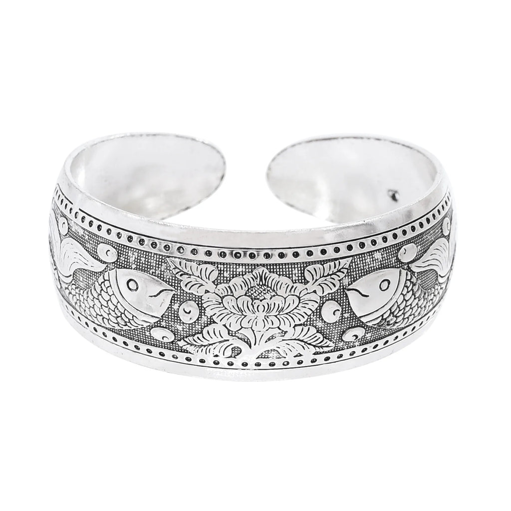 Classic Vintage Silvery Tibet Cuff Bracelet For Women Boho Ethnic Metal Carved Flower Bangles Gypsy Tribal Afghan India Jewelry