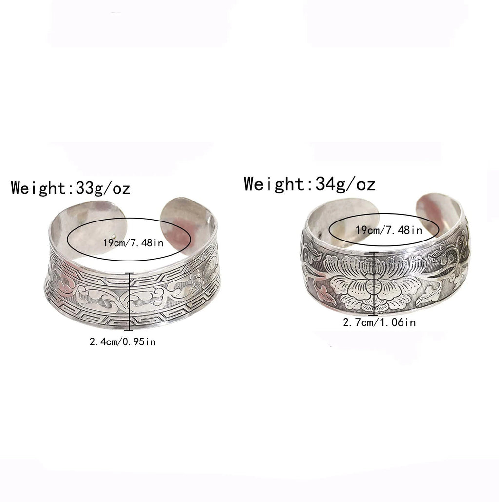 Classic Vintage Silvery Tibet Cuff Bracelet For Women Boho Ethnic Metal Carved Flower Bangles Gypsy Tribal Afghan India Jewelry
